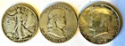 Lot of three silver half dollars '36 Walking Liberty '51 S Franklin '67 Kennedy