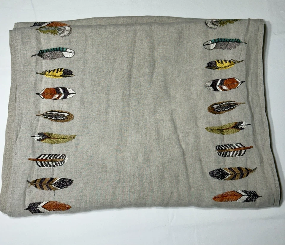 Coral & Tusk Feathers Table Runner Embroidery Linen Boho Table Cloth Runner - Image 3 of 4