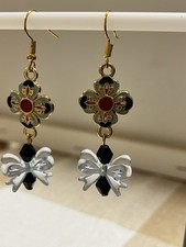 Clear Bow And Flower Black Beaded Drop Hook Dangle Earrings
