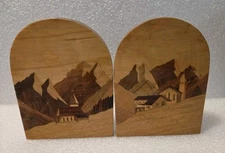 Vintage HTF Marquetry Wood Inlay BOOKENDS “Art & Book” Mountains Church Village 
