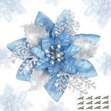 Artificial Christmas Flowers 24 PCS 5.9 Inch Glitter Poinsettias Blue Clip
