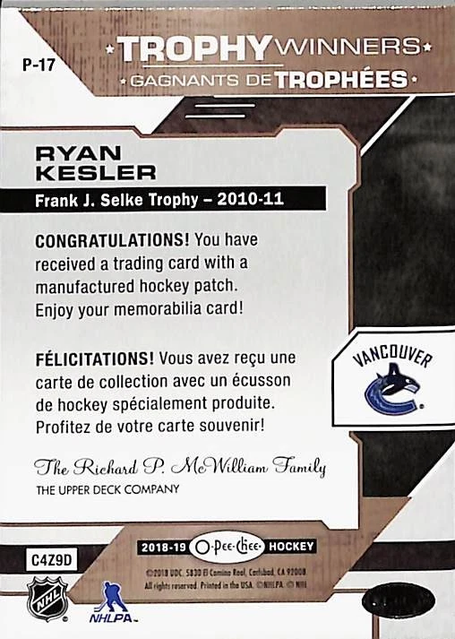 2018-19 O-Pee-Chee Trophy Winners Frank J. Selke Jumbo Patch Ryan Kesler #P-17 - Image 3 of 4