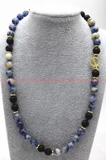 Natural 8mm Blue White Jade  Black Lava Gemstone Round Bead Snecklace16-28in