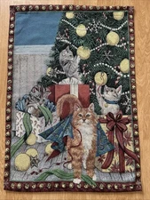 Vintage Woven Tapestry Wall Hanging Cats Kittens Christmas Tree No Rod  36”x25”