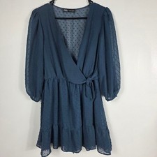 Zara Mini Dress Women Medium Teal Blue Swiss Dot Plumeti Wrap Ruffle Party