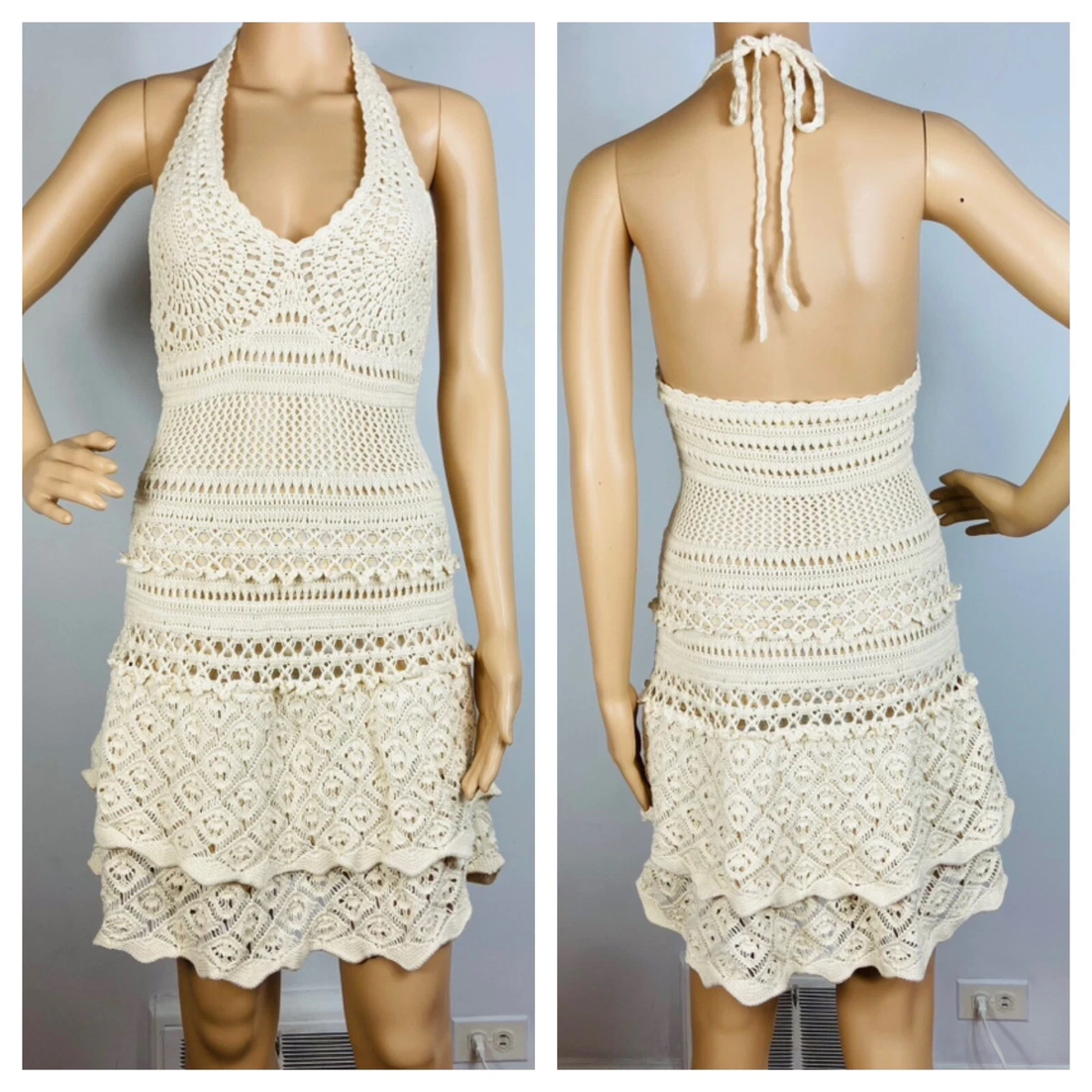 Moda International Crochet Tiered Mini Dress Sz S Cotton Knit Halter Boho  Beach