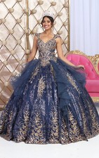 Sparkling V-neck Gold Applique Chiffon Fluffy Ball Gown Layered Evening Dress