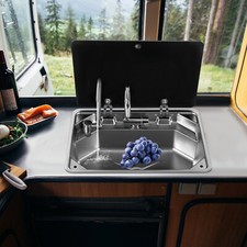 RV Sink Kitchen Sink with Hot&Cold Faucet and Tempered Glass Lid Stainless Steel