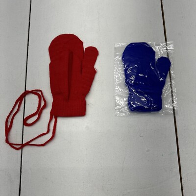 Kids Red & Blue 2 Pack Bundle Connected Knit Mittens Winter Gear Boys Girls OS