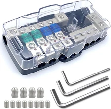 4 Way Mini-Anl Fused Distribution Block with Ground Block, 12V-48V 0/4 Gauge Pow