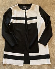 Chico s Travelers Long Open Front Crepe Jacket Black White 2 NEW