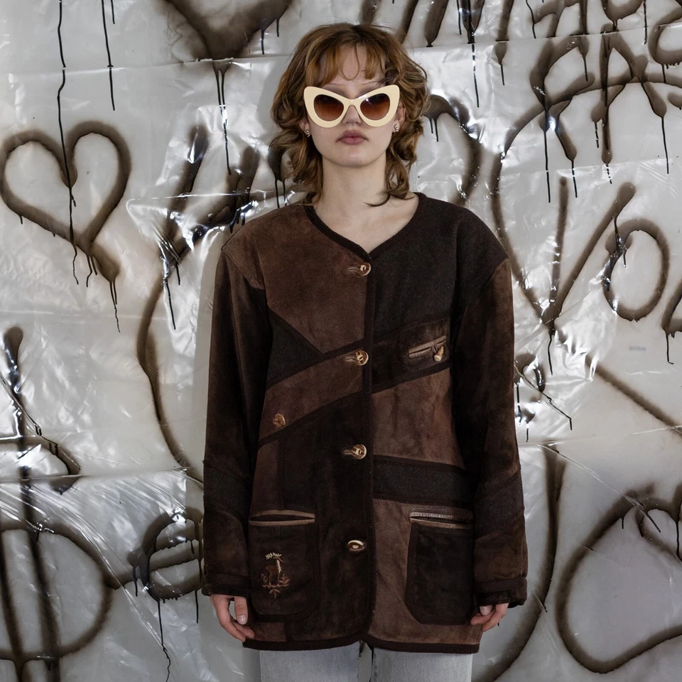 Chaqueta vintage años 90 retro gamuza parcheada en tonos marrones Foto 2 de 4