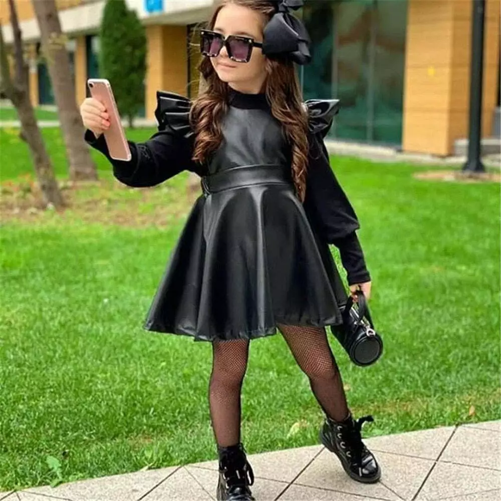 Toddler Kids Baby Girls Spring Autumn Overall Princess Dress Faux Leather Ruffle
