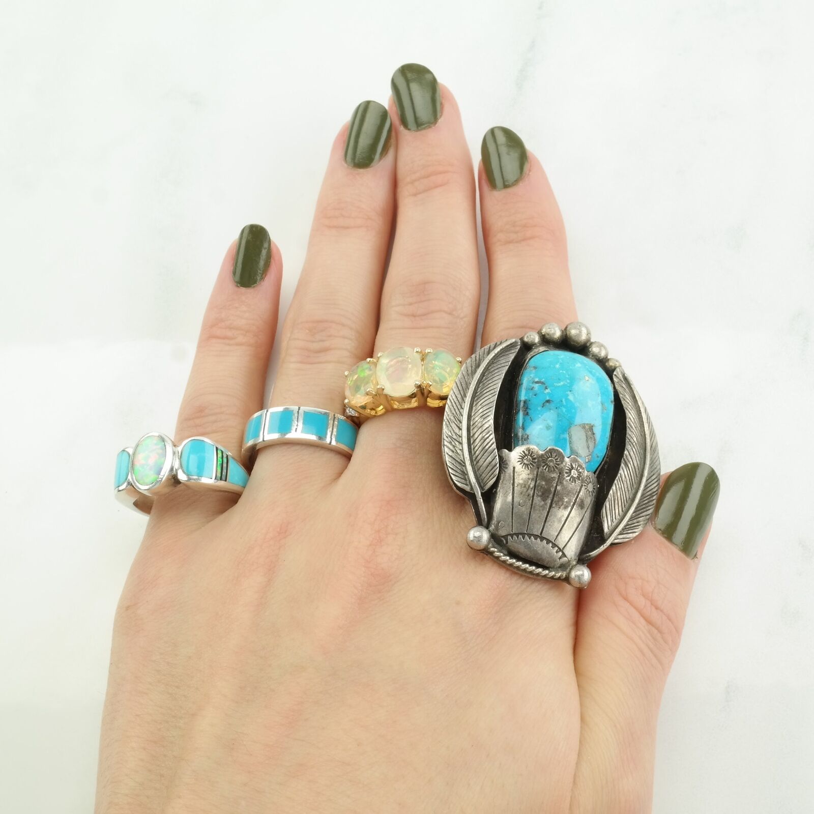 Ring Silver Turquoise, Opal, Onyx Inlay Sterling … - image 3