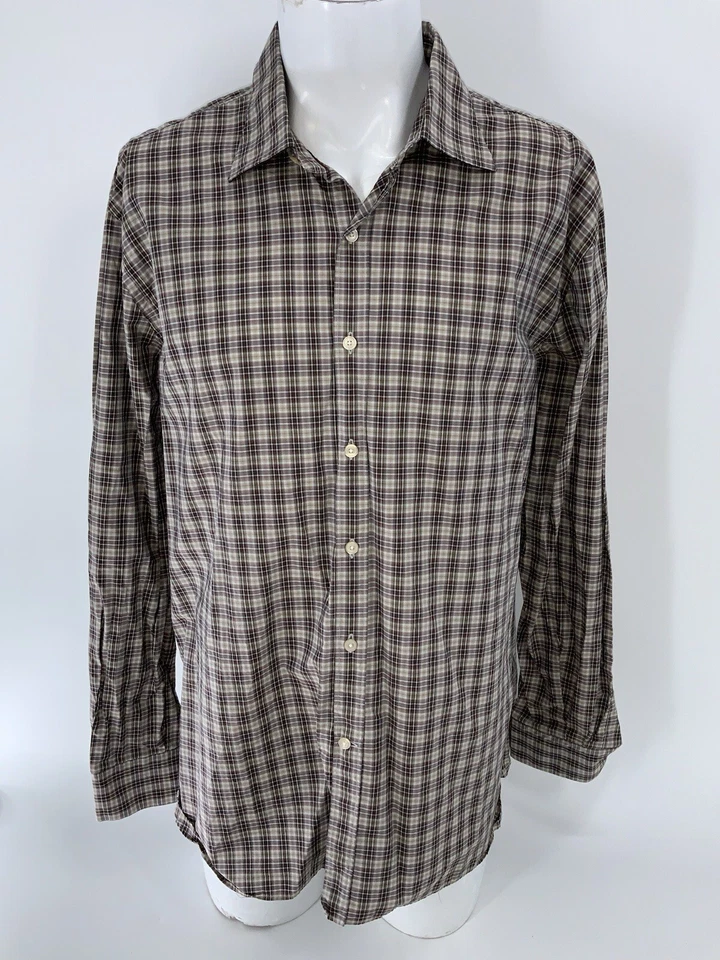 Hickey Freeman 纽扣衬衫男式 XL 棕色棕褐色格子棉罗马尼亚 YGI X4-13 — 第 2/4 张图片