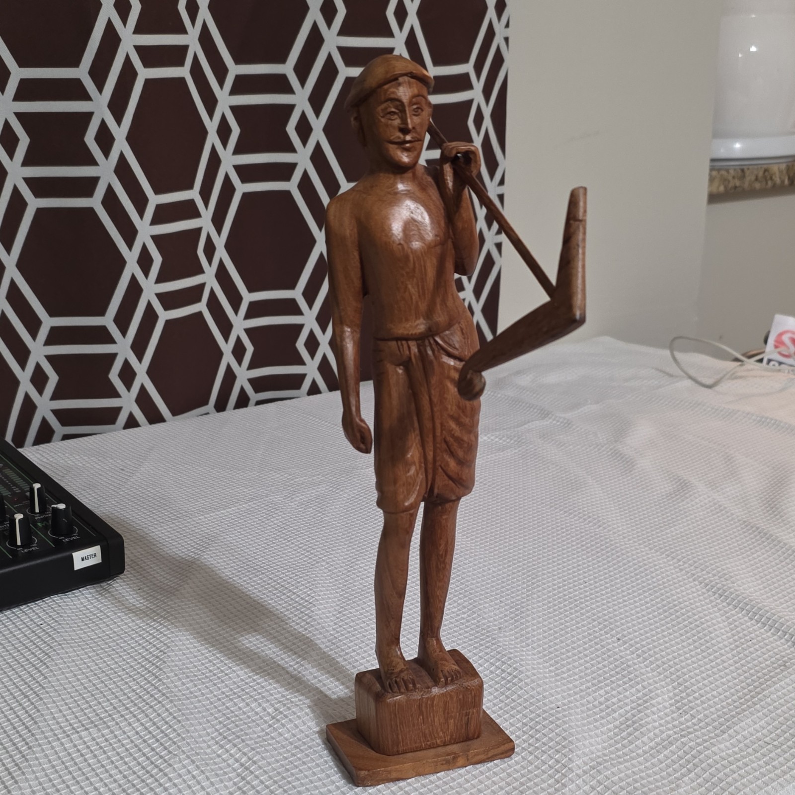 Hand-carved wooden figurine, Asian water carrier w/ yoke, Mid-century sculpture
