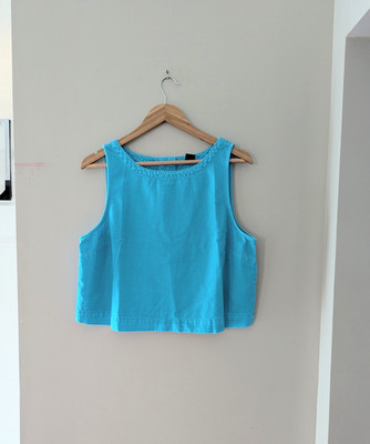 GAP Ultrasoft Denim Shell Tank Top Boxy Cropped Large Petite NWT Cyan Blue