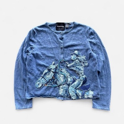 Vintage Y2K Michael Simon Cowgirl Horse Rodeo Denim Patchwork Cardigan Large