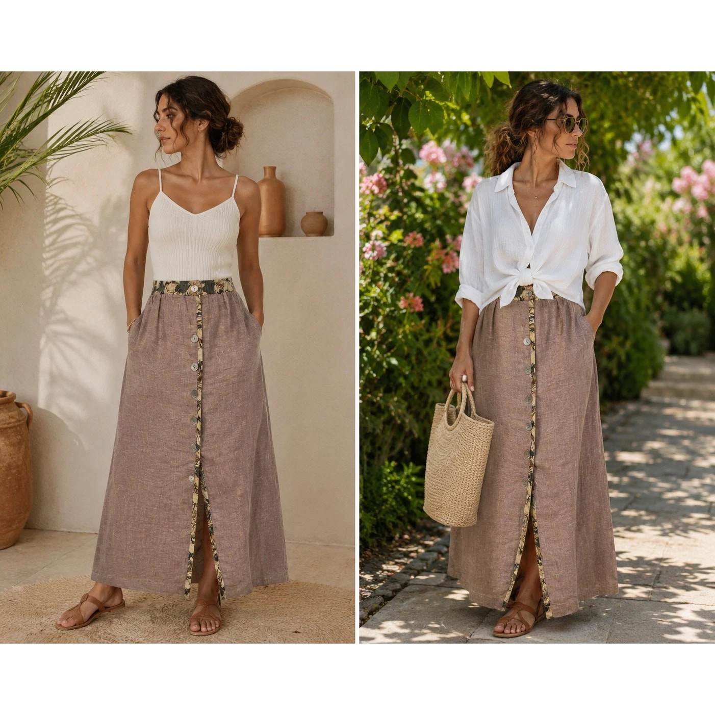 Crunch 1 purple peach 100% Linen Button Front Maxi Skirt printed piping Boho Lux
Opens in a new wind