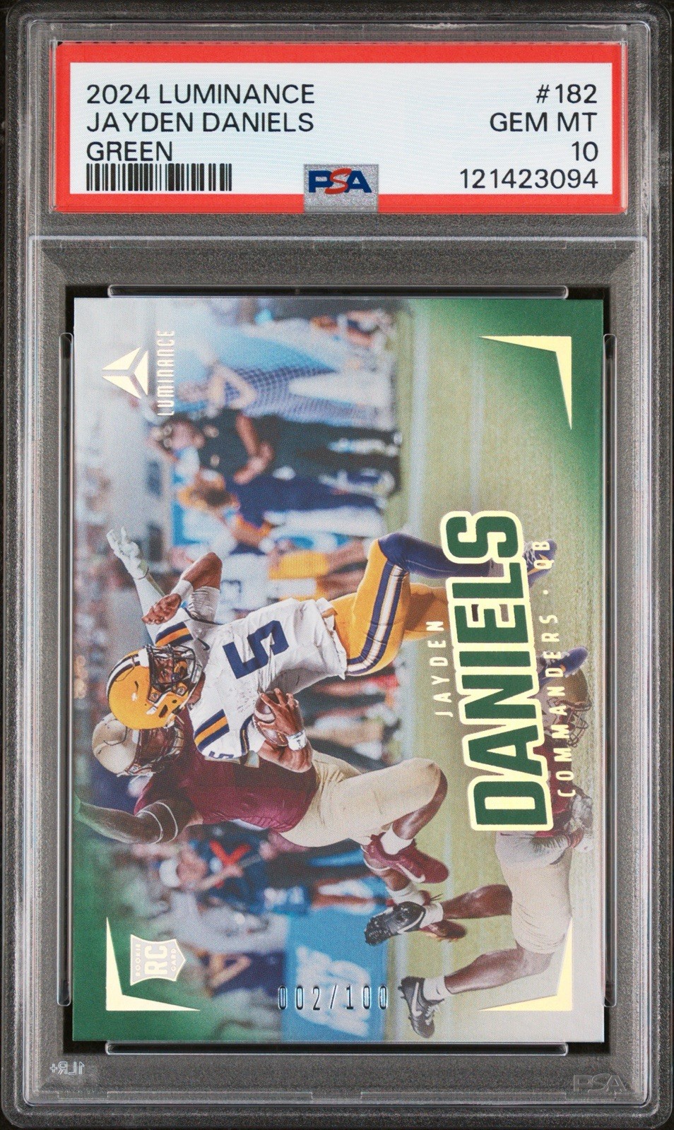 121360344 Jayden Daniels 2024 Panini Luminance #182 Green Rookie RC /100 PSA 10