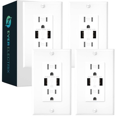 4 Pack 4.8A Wall Outlet With USB Ports - 15Amp Duplex Tamper Resistant Electr...