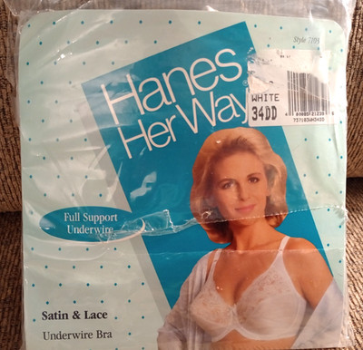 New Hanes Her Way Satin & Lace Bra Underwire Size 34DD Style 7103 Vintage White