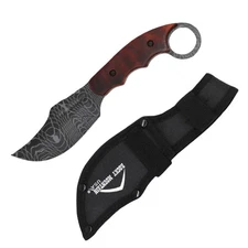 7"" Damascus Pattern Blade Brown Wood Handle Hunting Knife With Sheath