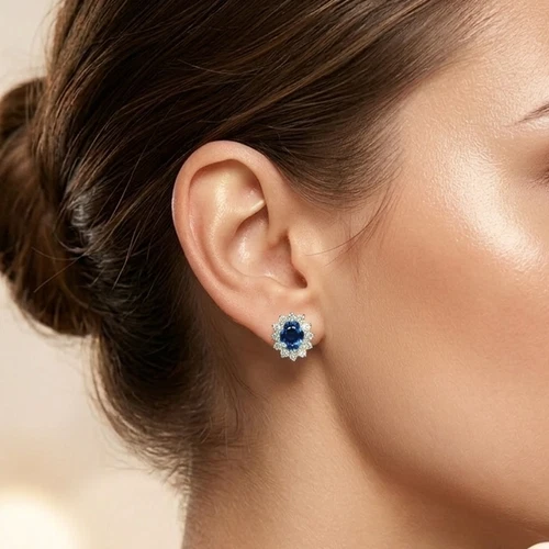 Elegant Royal Blue Sapphire 5.15Ct 925 Sterling Silver 24K Gold Halo Earrings