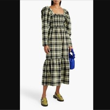 GANNI Shirred Checked Yellow Black Cotton Blend Seersucker Dress Size 38 or 6