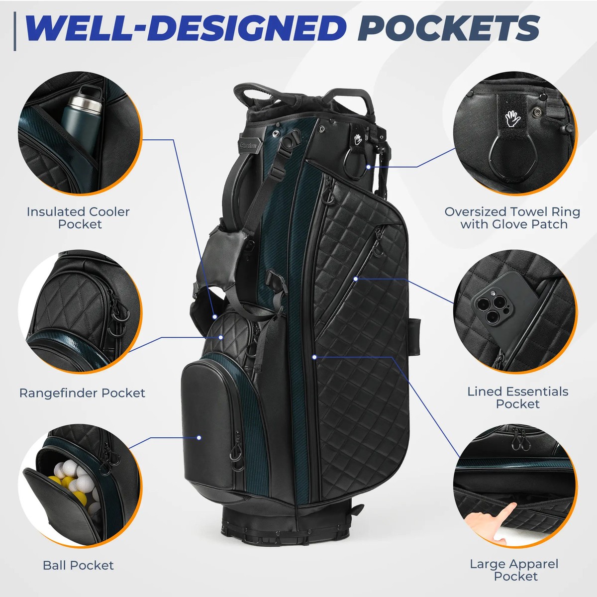 PU Leather Golf Stand Bag 7-Way Full Dividers Velvet-Lined Cooler