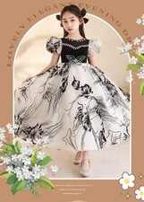 Girls Kids Show Long dress Flower Puffy Sleeve Ball Gown Princess Frock 14841