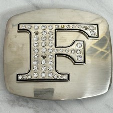 Rhinestone Studded F Letter Initial Monogram Silver Tone Belt Buckle