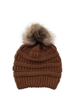 Brown Criss Cross Ponytail Beanie w/ Removable Pom Pom Faux Fur Winter Hat Women