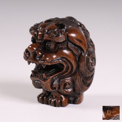 Japanese Wooden Shishi Lion Head Netsuke 1.3inch Inro Ojime
