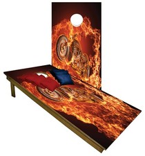 CORNHOLE Set BEANBAG TOSS GAME w Bags Motorcycle Harley Biker Flames Boards 49