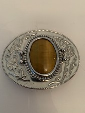 Belt Buckle Tiger's Eye Western Floral White And Silver Colored Southwest USA