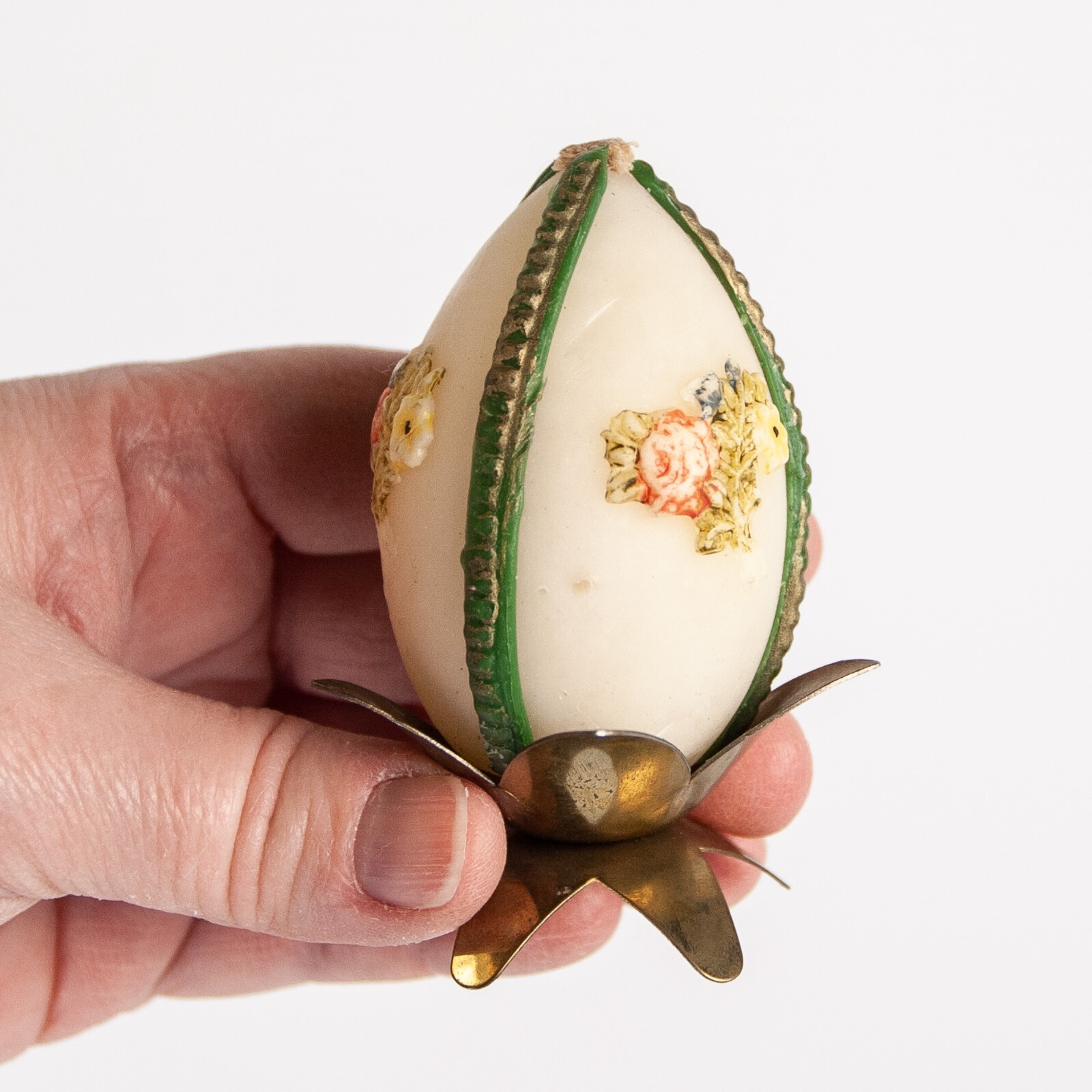 Vintage Easter Egg Shaped Candle Floral Green Trim w/ Brass Holder