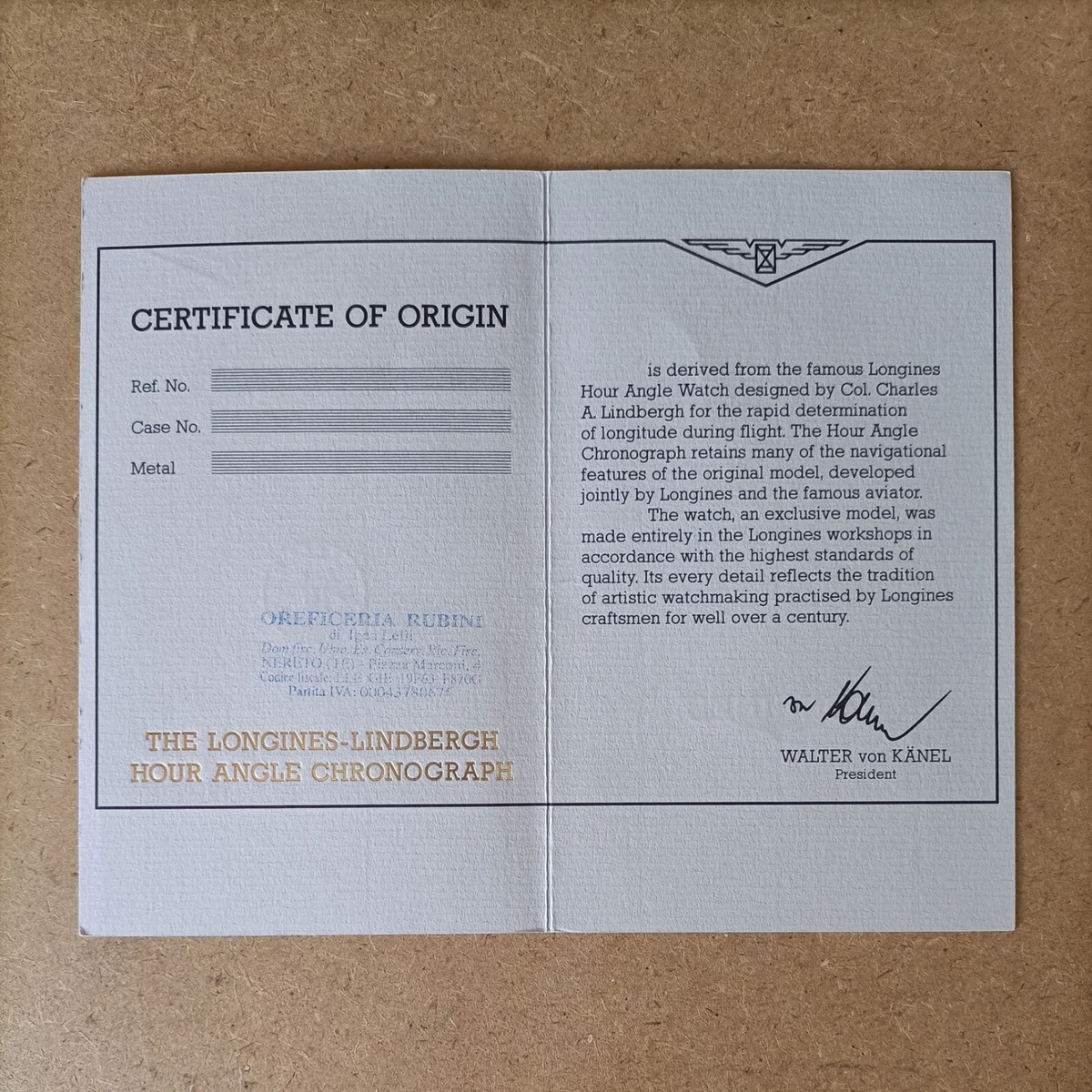 Libreto cronógrafo ángulo horario Longines LINDBERGH - sello blanco raro