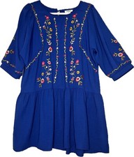 Umgee Royal Blue Floral Embroided Boho Puff Sleeve Baby Doll Dress In Size Small