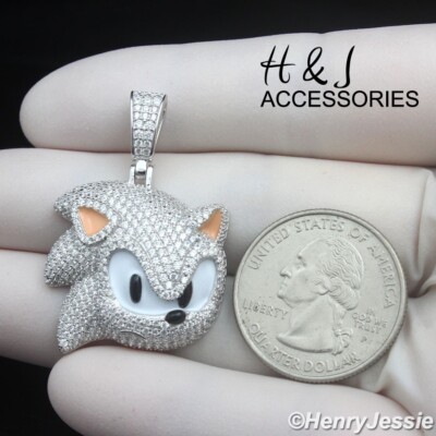 MEN 925 STERLING SILVER FULL ICY BLING CZ 3D SONIC CARTOON PENDANT*ASP489