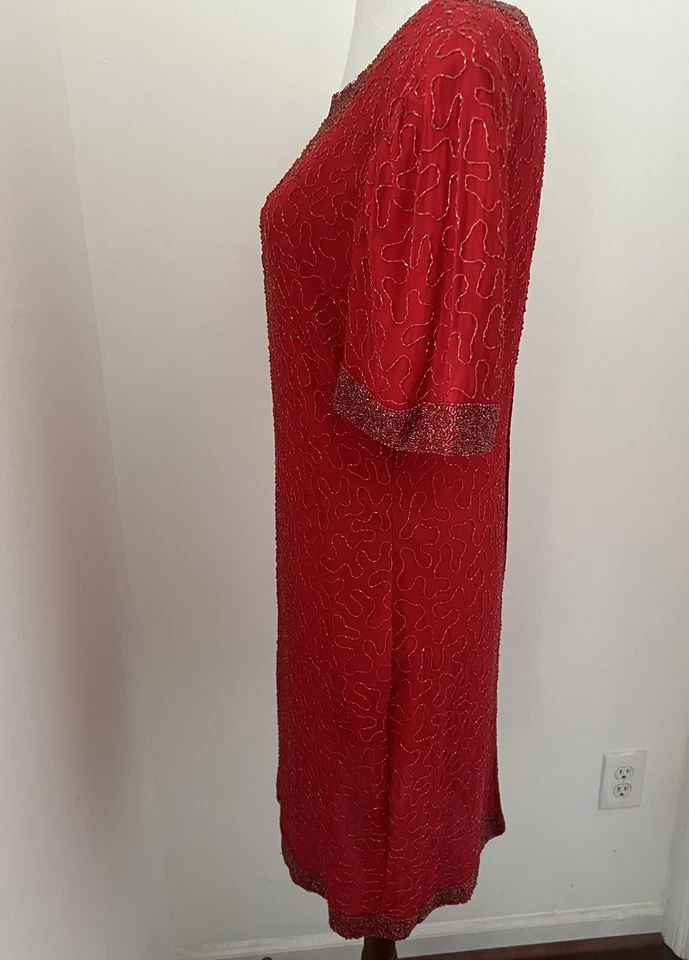 Laurence Kazar Vintage 80's Sz PM Silk Short Sleeve Dress Gatsby Red Beaded - Image 4 of 4
