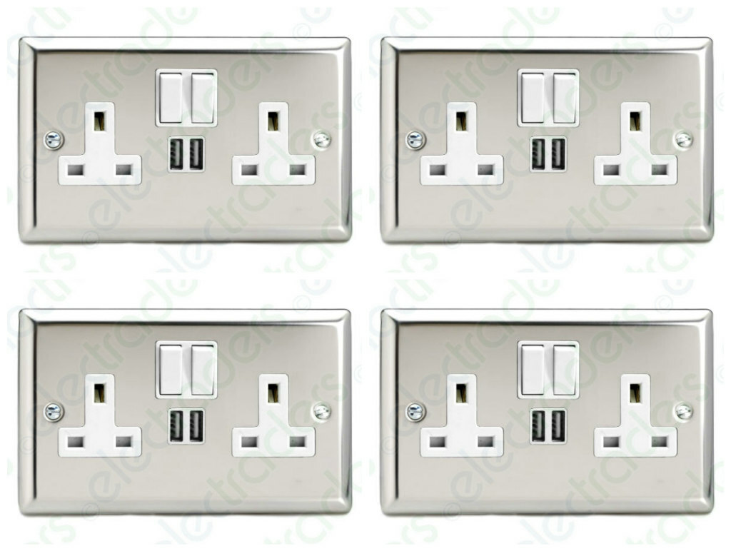 4 x Varilight XC5U2SW Switched Sockets 2 Gang & USB 2.1A Mirror Chrome White