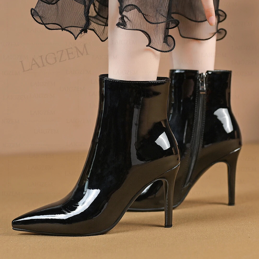 Women Ankle Boots Shiny Real Leather Pointed Toe Side Zip Up 9CM