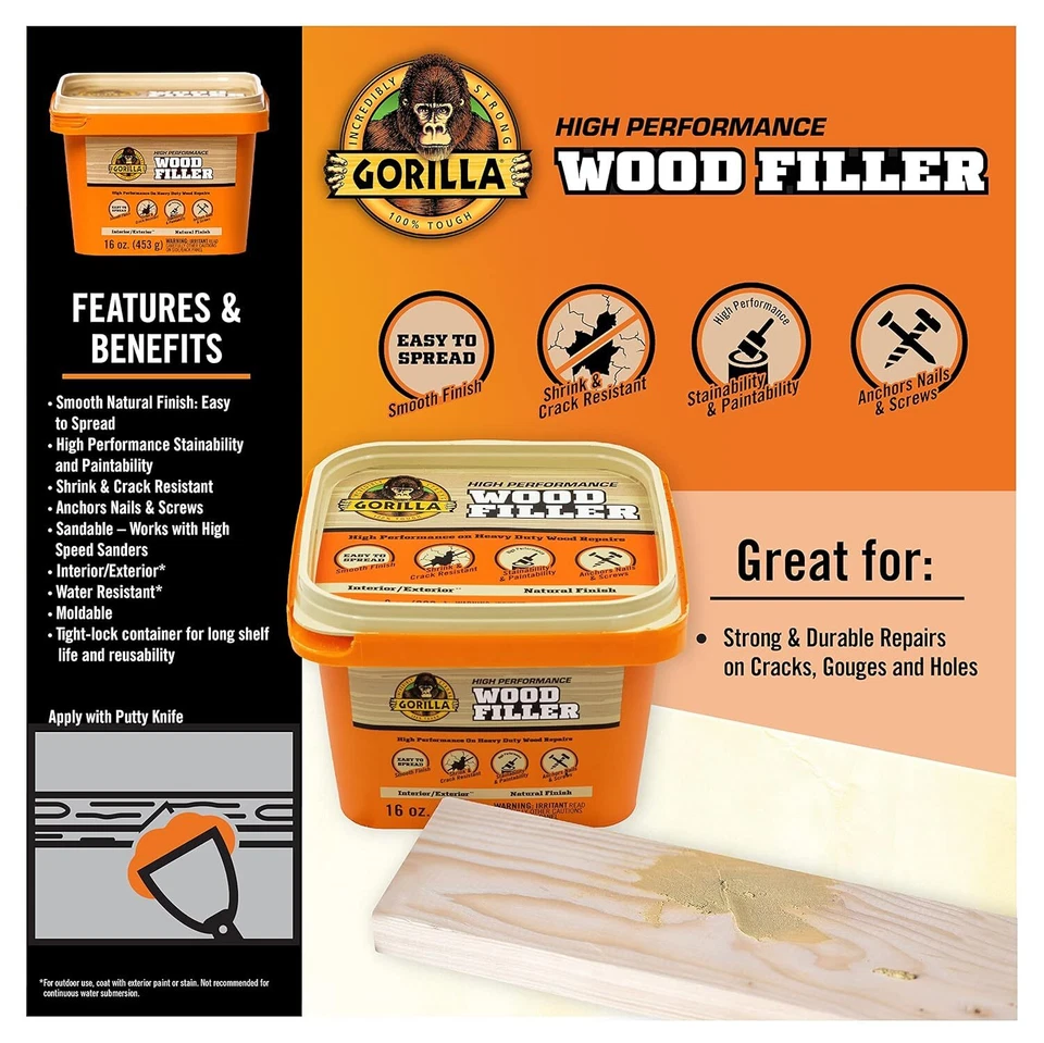 Gorilla All Purpose Wood Filler, Natural Finish, 16 Ounce Tub - Pack of 1 - Image 2 of 4