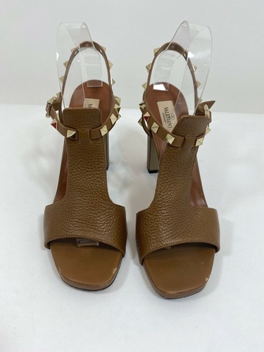 VALENTINO Rockstud Leather T Strap Block Heel Sandals in Brown Size 39.5 $995 - 第 3/12 張圖片