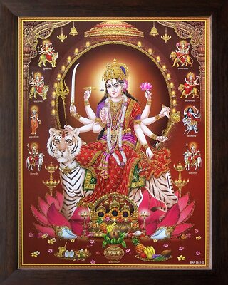 Goddess Durga with his 9 Form Religious & Decor Poster Painting In Wooden Frame