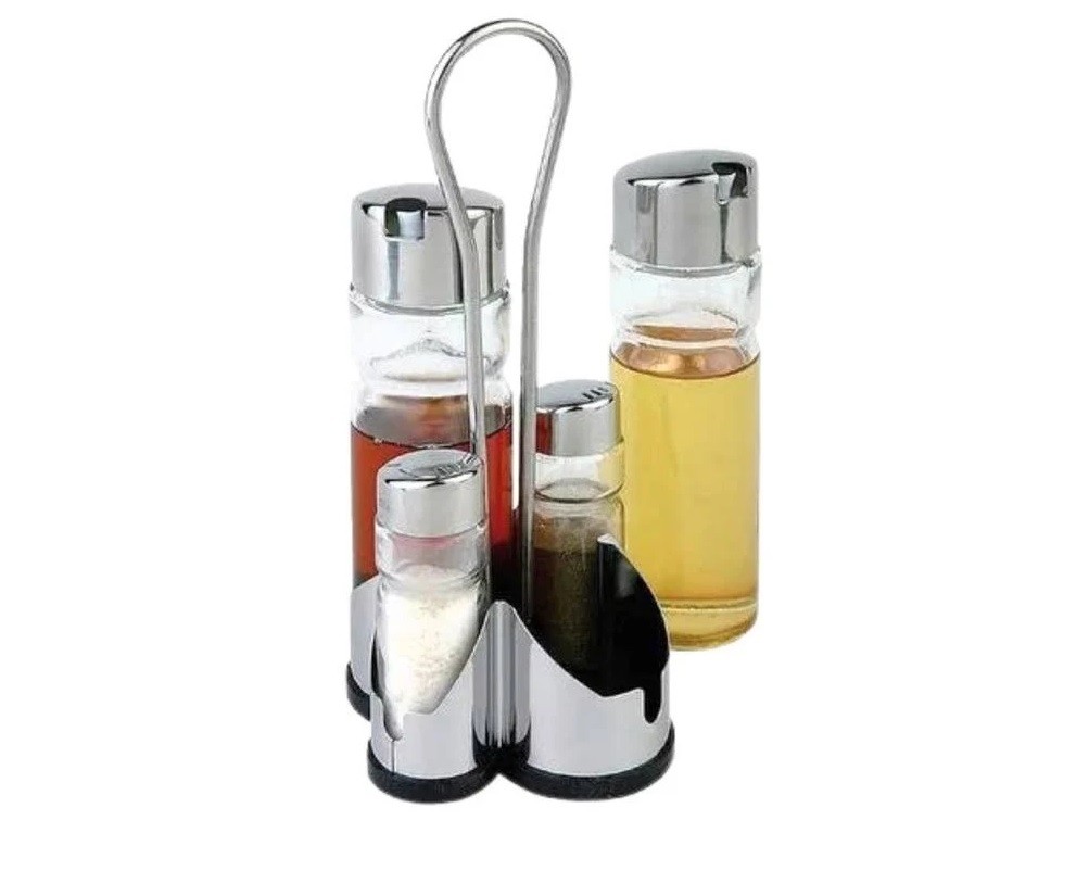 Oliera Set 4 Pezzi Olio Aceto Sale e Pepe Stand in Acciaio Kit da Tavola