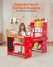 Wooden Kids Grocery Store Playset with Conveyor, Cash Register Scanner, Preten
