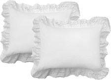 Ruffled Bed Pillow Embroidered Detail Eyelet Shams Set, Standard 2-Pack, White