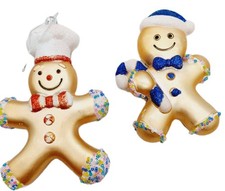 Gingerbread Man Ornaments Plastic Set Of 2 Gold Multicolored